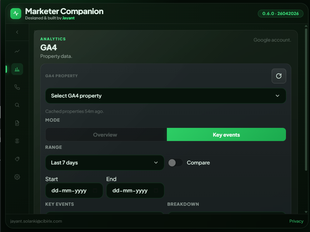 Select GA4 property mode and date range