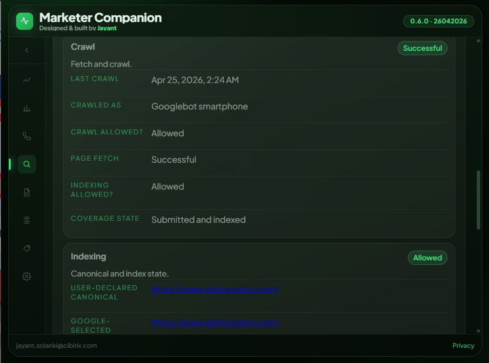 Google Search Console URL inspection result inside Marketer Companion