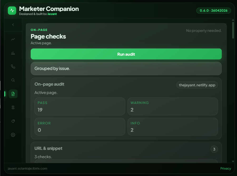 Run an on-page audit and see pass warning error and info count