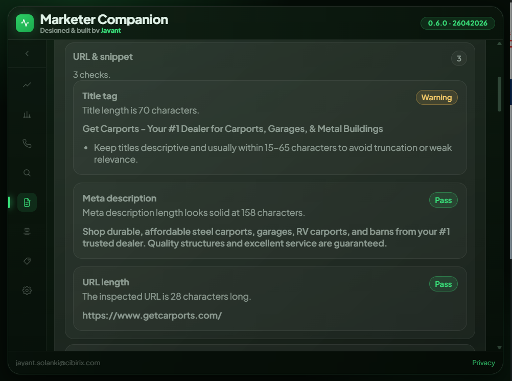 On-page audit report inside Marketer Companion