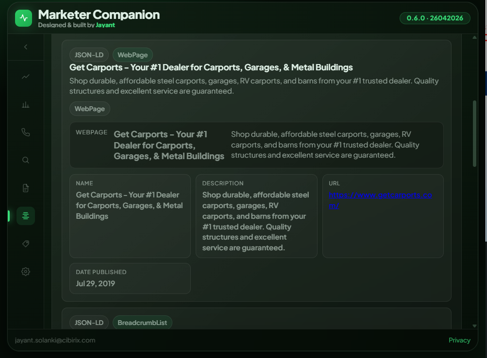 Structured data schema cards inside Marketer Companion