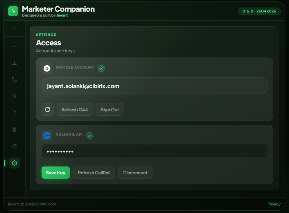 Settings screen inside Marketer Companion