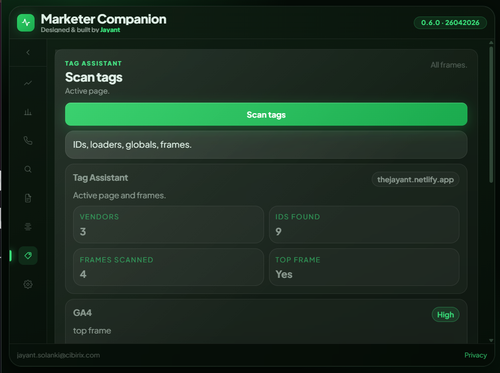 Scan website tags for vendors IDs and frames