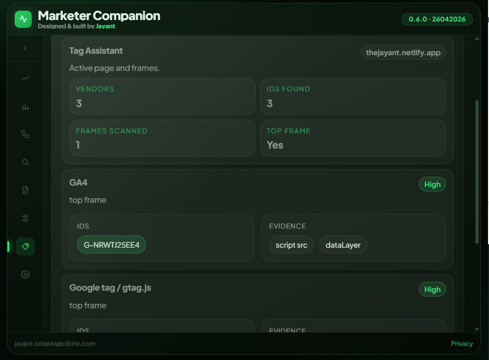 Website tag assistance report inside Marketer Companion